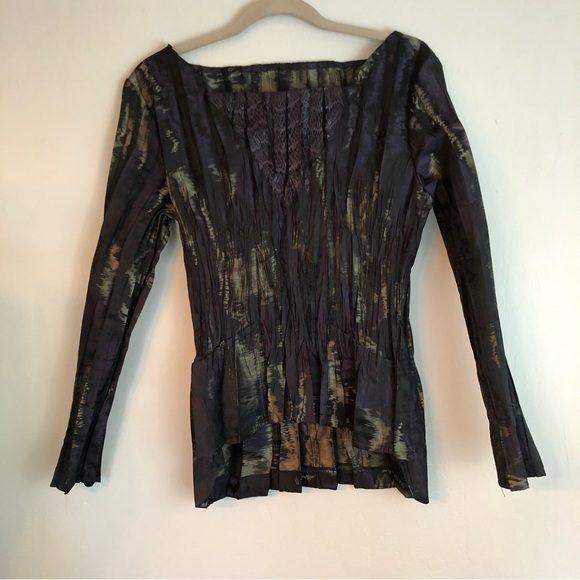 Babette Pleated Crinkle Long Sleeve Dark Purple &Black Square Neck Top Petite - Picture 8 of 15